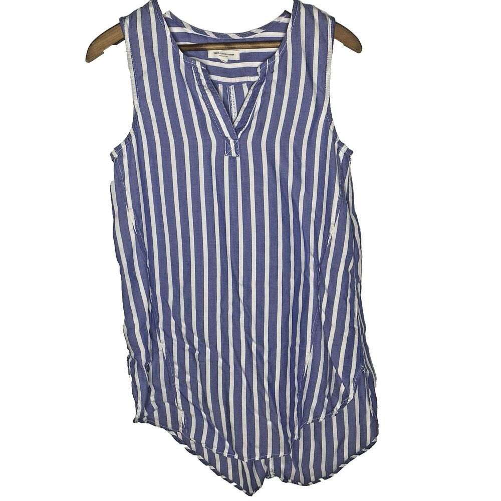 Beach Lunch Lounge Striped Sleeveless Mini Dress V-Neck Coverup Womens S Blue